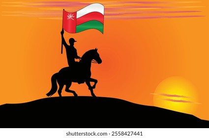 Silhouette of a horse rider holding the Omani flag against a vibrant sunset, symbolizing patriotism and strength. Ideal for travel, culture, and inspirational content. Vector EPS Available