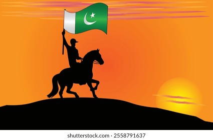 Silhouette of a horse rider holding the Pakistani flag against a vibrant sunset, symbolizing patriotism and strength. Ideal for travel, culture, and inspirational content. Vector EPS Available