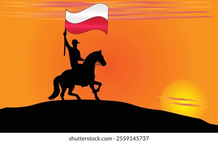 Silhouette of a horse rider holding the Poland flag against a vibrant sunset, symbolizing patriotism and strength. Ideal for travel, culture, and inspirational content. Vector EPS Available