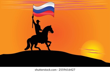 Silhouette of a horse rider holding the Russian flag against a vibrant sunset, symbolizing patriotism and strength. Ideal for travel, culture, and inspirational content. Vector EPS Available