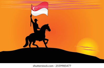 Silhouette of a horse rider holding the Singaporean flag against a vibrant sunset, symbolizing patriotism and strength. Ideal for travel, culture, and inspirational content. Vector EPS Available