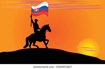 Silhouette of a horse rider holding the Slovakian flag against a vibrant sunset, symbolizing patriotism and strength. Ideal for travel, culture, and inspirational content. Vector EPS Available