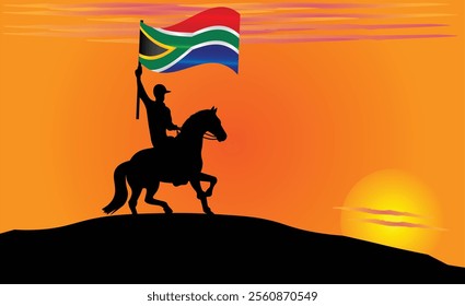 Silhouette of a horse rider holding the South African flag against a vibrant sunset, symbolizing patriotism and strength. Ideal for travel, culture, and inspirational content. Vector EPS Available