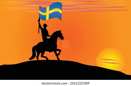 Silhouette of a horse rider holding the Sweden flag against a vibrant sunset, symbolizing patriotism and strength. Ideal for travel, culture, and inspirational content. Vector EPS Available