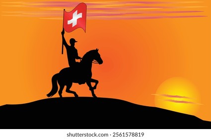 Silhouette of a horse rider holding the Switzerland flag against a vibrant sunset, symbolizing patriotism and strength. Ideal for travel, culture, and inspirational content. Vector EPS Available