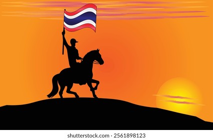 Silhouette of a horse rider holding the Thailand flag against a vibrant sunset, symbolizing patriotism and strength. Ideal for travel, culture, and inspirational content. Vector EPS Available