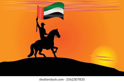 Silhouette of a horse rider holding the UAE flag against a vibrant sunset, symbolizing patriotism and strength. Ideal for travel, culture, and inspirational content. Vector EPS Available