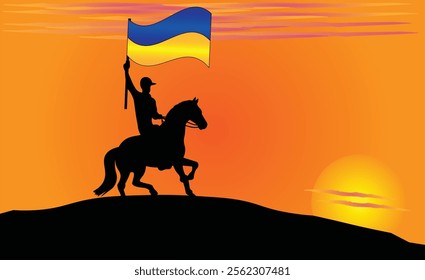 Silhouette of a horse rider holding the Ukrainian flag against a vibrant sunset, symbolizing patriotism and strength. Ideal for travel, culture, and inspirational content. Vector EPS Available