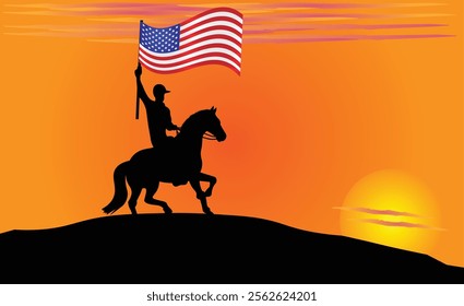 Silhouette of a horse rider holding the United States flag against a vibrant sunset, symbolizing patriotism and strength. Ideal for travel, culture, and inspirational content. Vector EPS Available