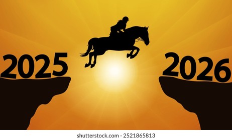 Silhouette of horse rider jumping over a cliff with 2025 year to 2026 year, concept for success new year. Vector illustration