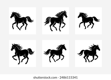 Silhouette of a horse running, captured mid-stride, showcasing its powerful legs, flowing mane, and dynamic motion.