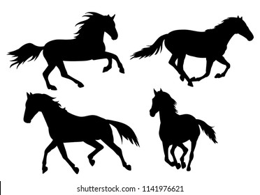 silhouette horse running, on white background, icon, black, set