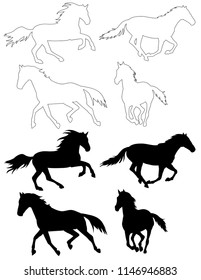 silhouette horse running, on white background