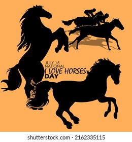 silhouette of a horse standing on both legs, running and being ridden with texts on light brown background , National I Love Horses Day July 15