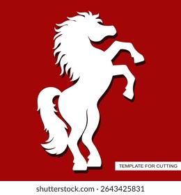 Silhouette of a horse standing on its hind legs. Animal theme. White object on red background. Template for plotter laser cutting of paper, fretwork, wood carving, metal engraving, cnc. Vector image.