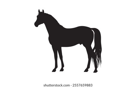 Silhouette of a horse standing in profile on a white background. Minimalist black vector illustration isolated for design and print.
