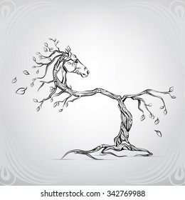 Silhouette of a horse from a tree