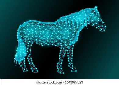 Silhouette eines Pferdes aus dreieckiger Masche und leuchtende Punkte