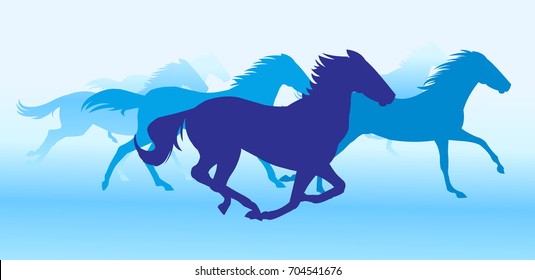 Silhouette horses running in blue background