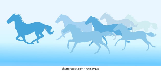 Silhouette horses running in blue background