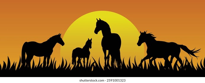 Silhouette of Horses of the savannah. Wildlife concept. Vector illustration.