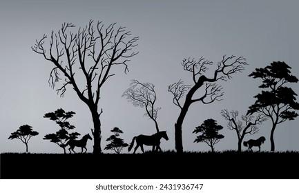 Silhouette horses  with trees and grass at forest view landscape vector illustration background.