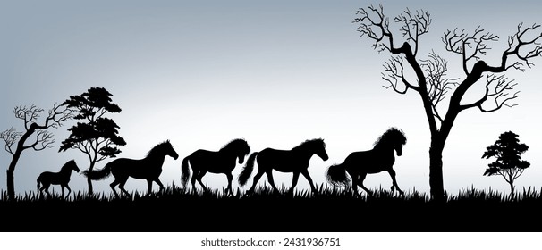 Silhouette horses  with trees and grass at forest view landscape vector illustration background.