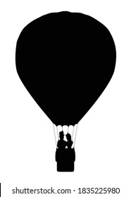 A silhouette of a hot air balloon floating away with a couple in the basketover a white background