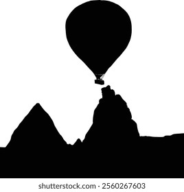 Silhouette of a hot air balloon floating above rugged mountain peaks, set against a stark white background.