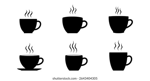 Silhouette of hot coffee cups with steam on a clean white background