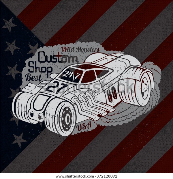 silhouette of hot rod car in smoke with best\
custom shop lettering on USA flag\
background