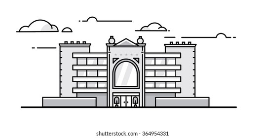 The silhouette of the hotel on a white background
