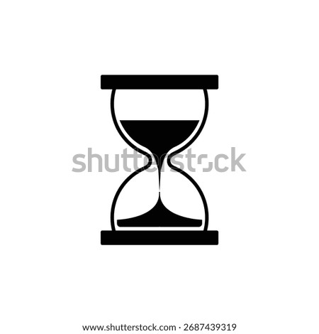 Silhouette of an hourglass timer on a white backdrop. The black sandglass illustration represents time countdown, deadlines, and time management projects.
