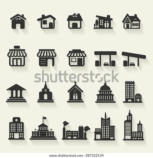 Silhouette\
house, church, shop, building, and other public construction\
architecture icon set, create by vector\
