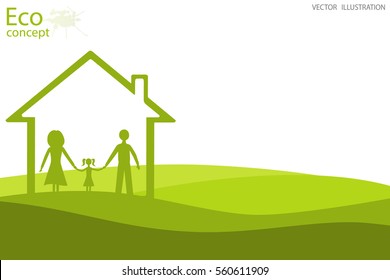 The silhouette of the house and family on green grass. Background. Environmentally friendly world. Vector illustration of ecology concept infographics. To paste the text