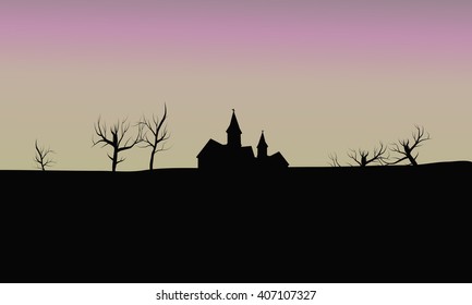 silhouette house in the fields and dry tree