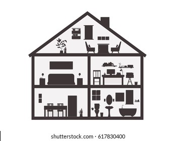 Silhouette House inside fireplace, bedroom, workplace, eat room, bathroom. illustration flat