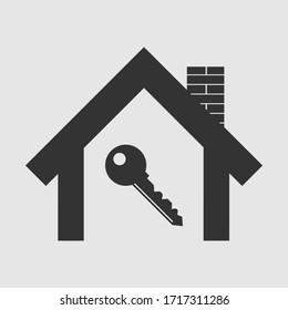 Silhouette of a house with a key inside Isolated on a gray background. Home icon. Vector illustration eps 10.