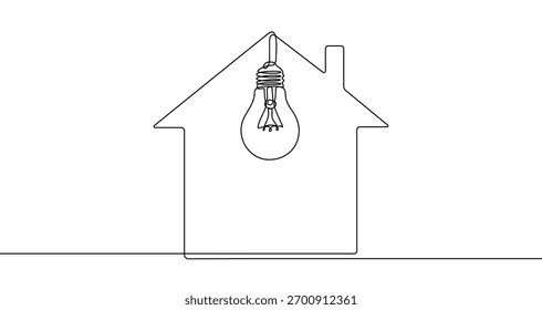 Silhueta de uma casa com uma lâmpada dentro, desenhada com uma linha contínua. Símbolo de eficiência energética. Ilustração vetorial.