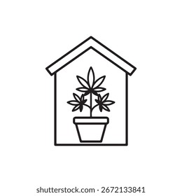 Una silueta de una casa con una hoja de marihuana en su interior, aislada sobre un fondo blanco. Este diseño combina imágenes caseras y de cannabis.