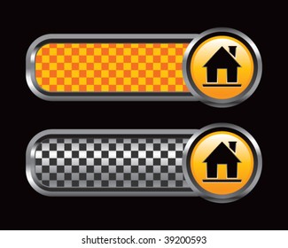 silhouette of a house on orange and black checkered banners
