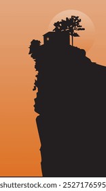 Silhouette of a house on top of a cliff. Vector illustration with orange background, landscape for design of prints and interiors