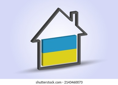 Silhouette of a house with a Ukrainian flag. Three-dimensional vector illustration.