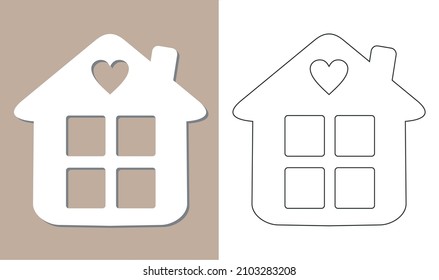 Silhouette of the house with windows and chimney. Laser cutting Vector template. Mockup for wood carving, cnc, paper cutting, sticker, photo frame. Vector EPS10.