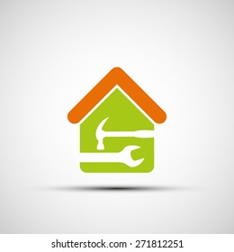 Silhouette of a house with a wrench and a hammer. Vector image.