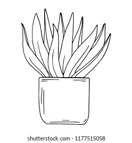 Silhouette houseplant isolated on white background. Cartoon ink sketch. Hand drawn vector illustration.