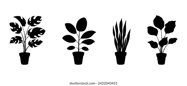 Silhouette of houseplant in pot. Vector illustration of decorative flower icon for interior design.