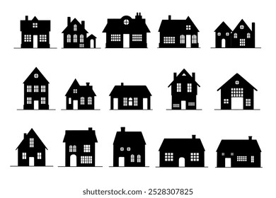 Silhouette of houses in neighborhood. Set of houses on suburban street. Countryside cottage homes. vector illustration.
