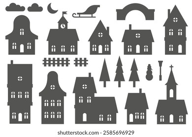Silhouette of houses. Neighborhood vector homes set on white background. Small black village cottages. Christmas rural illustration with church and trees. Cute simple buildings