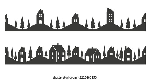 Silhouette de casas en el horizonte. El paisaje de los barrios suburbanos. Casas rurales. Ilustración transparente del vector de glifos